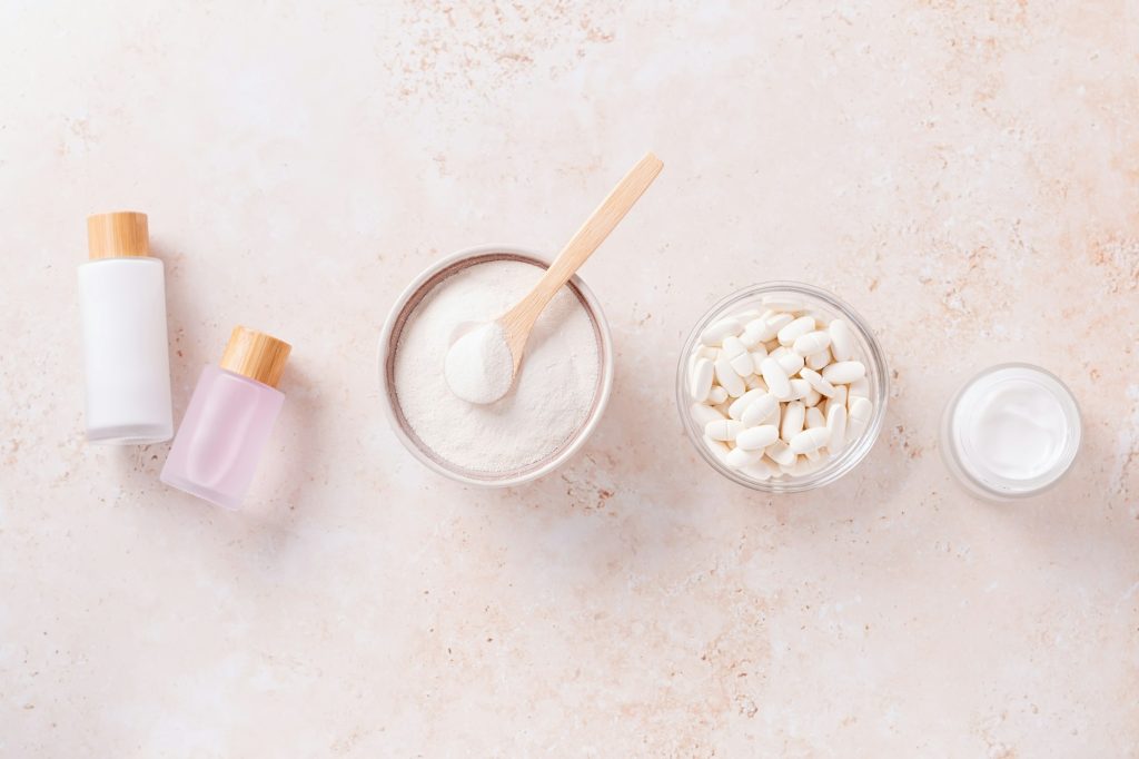 Different types of collagen for skin care. Collagen in powder, in tablets, in moisturizer, in serum